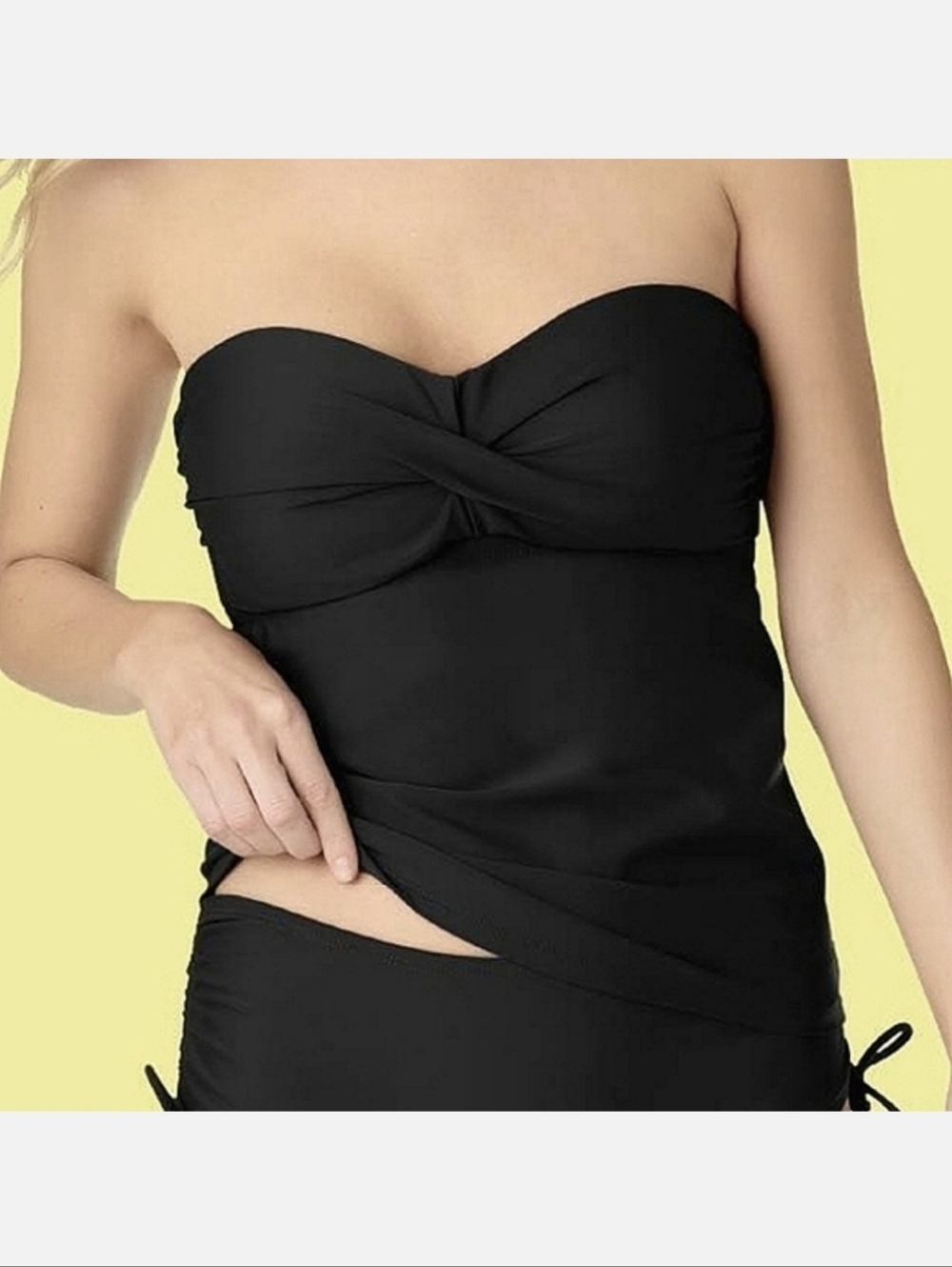 Catalina Black Strapless Twist Front Bandeau Tankini Top, Size L ~ EUC